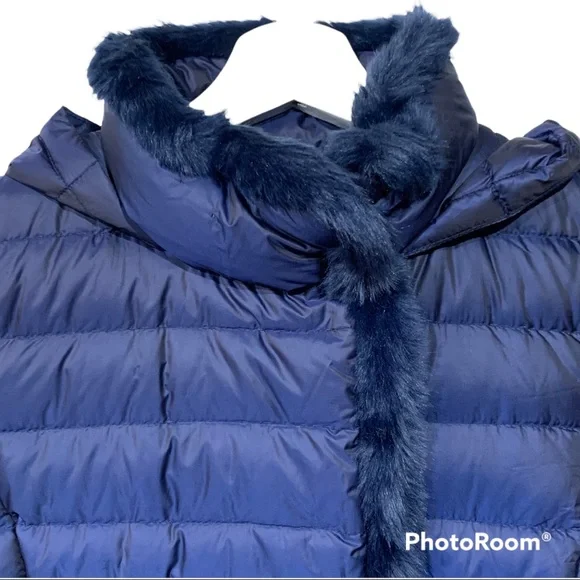 Cole Haan Down Quilted Puffer Hooded Jacket Faux Fur Trim Iridescent Blue Sz XS - Picture 3 of 16